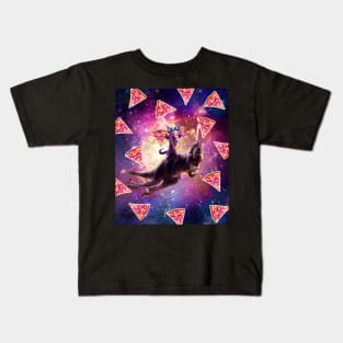 Thug Space Cat On Dinosaur Unicorn - Pizza Kids T-Shirt